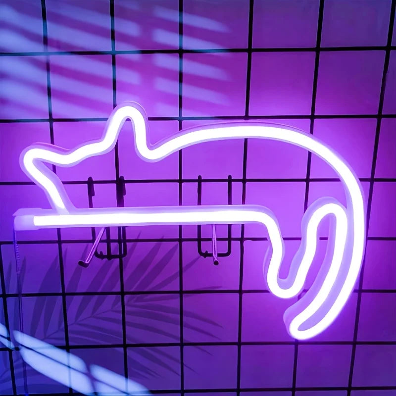 Purple cat silhouette LED neon wall light on a wall grid
