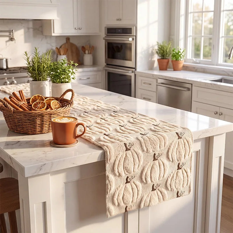 Harvest Pumpkin Knit Table Runner in Caramel or Beige for Cozy Fall Dining & Kitchen Decor