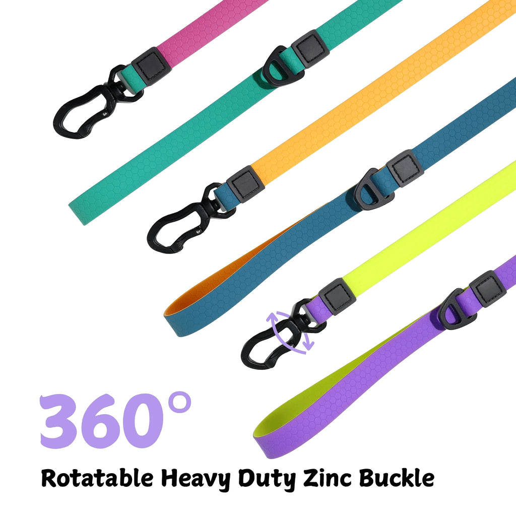 Four colorful waterproof PVC dog leashes with black swivel hooks shown flat, highlighting 360 degree rotation