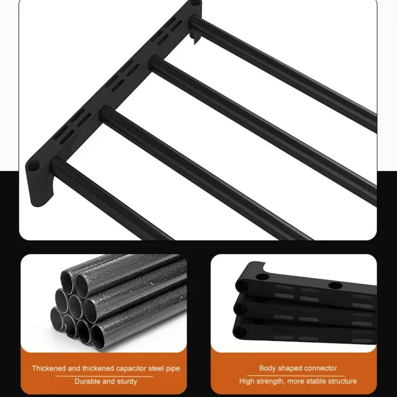 iron tube components and plastic connectors of black shoe rack shown in detail