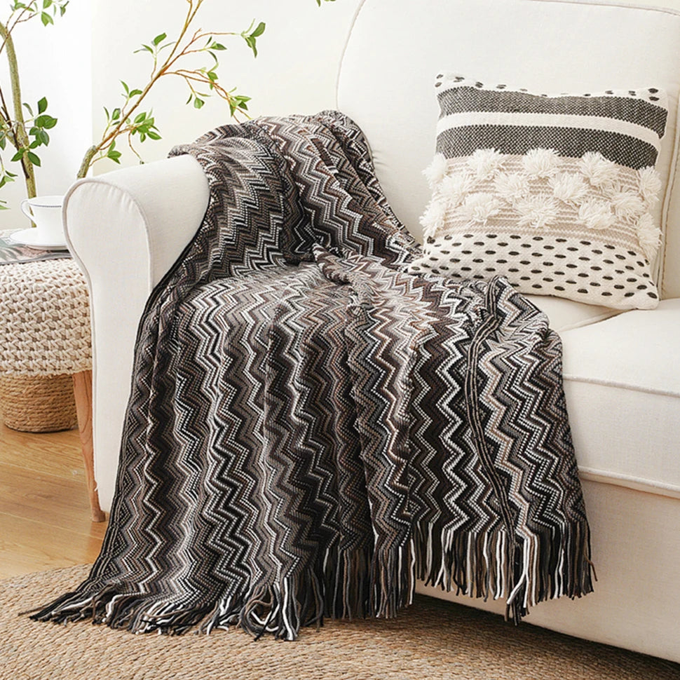 Boho Knit Throw Blanket with Tassels for Sofa or Bed