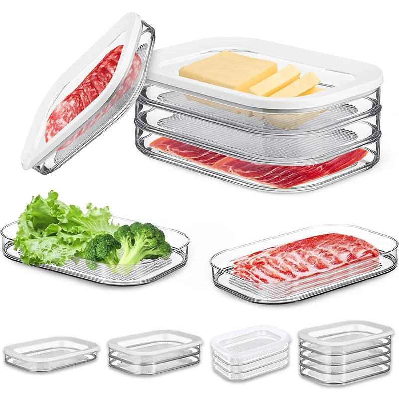 Stackable clear plastic deli meat fridge organizer with lid shown with sliced meats, cheese, and vegetables