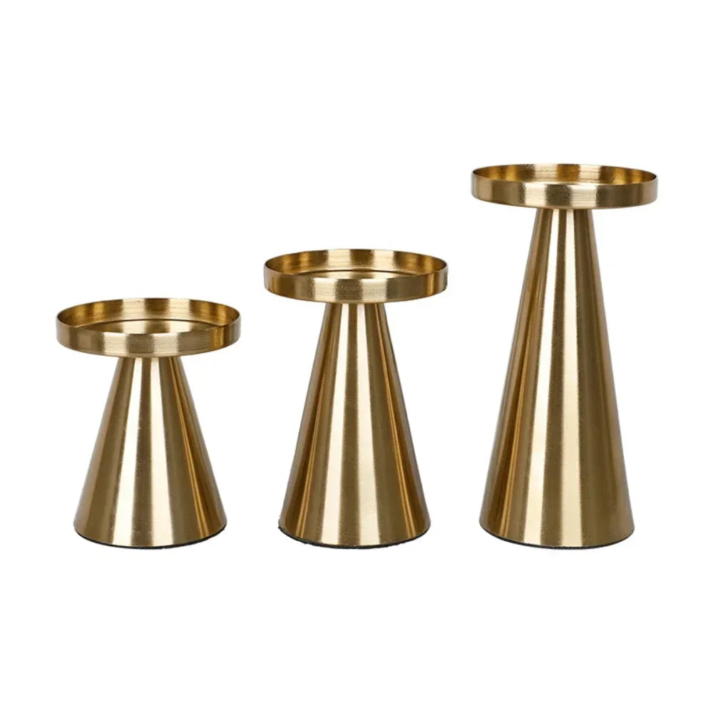 Arden Cone-Shaped Gold Metal Candle Holders – Set of 3 Pillar Stands for Living Room & Tabletop Decor