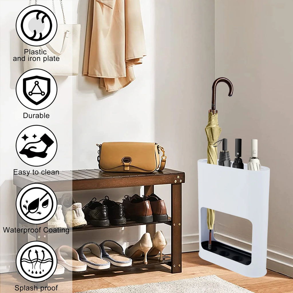 Umbrella stand beside a shoe bench, with icons describing material and features