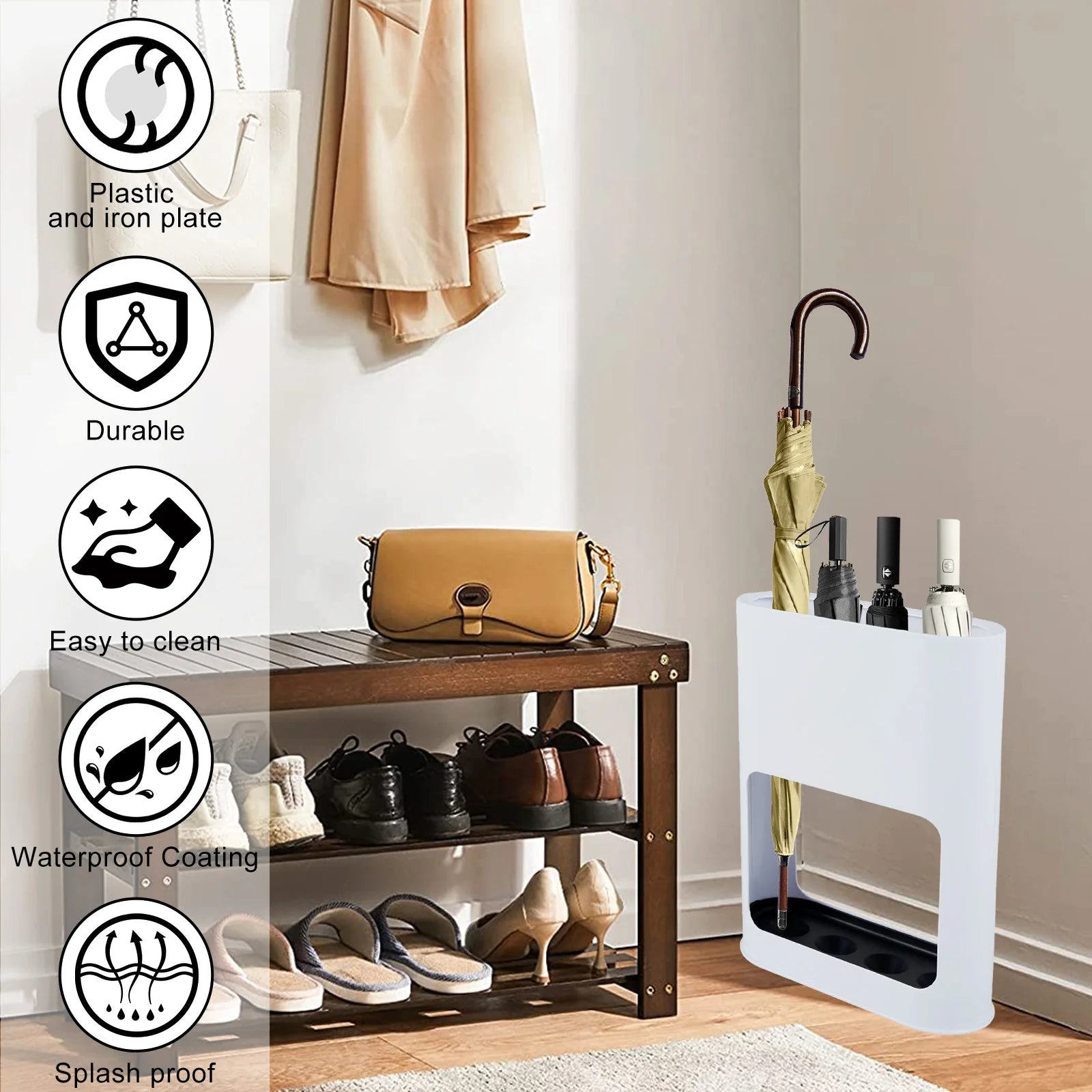 Umbrella stand beside a shoe bench, with icons describing material and features
