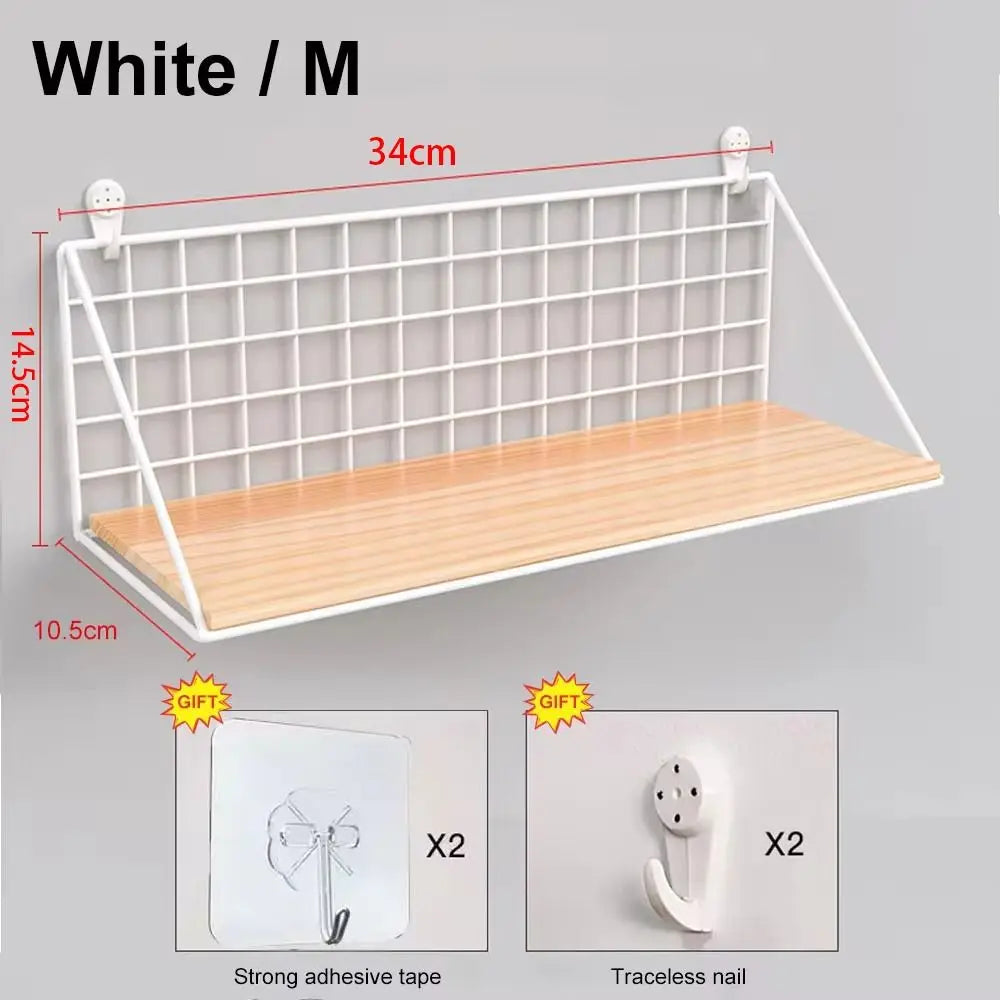 White grid wall shelf with wood-effect base and included adhesive hooks, size details shown