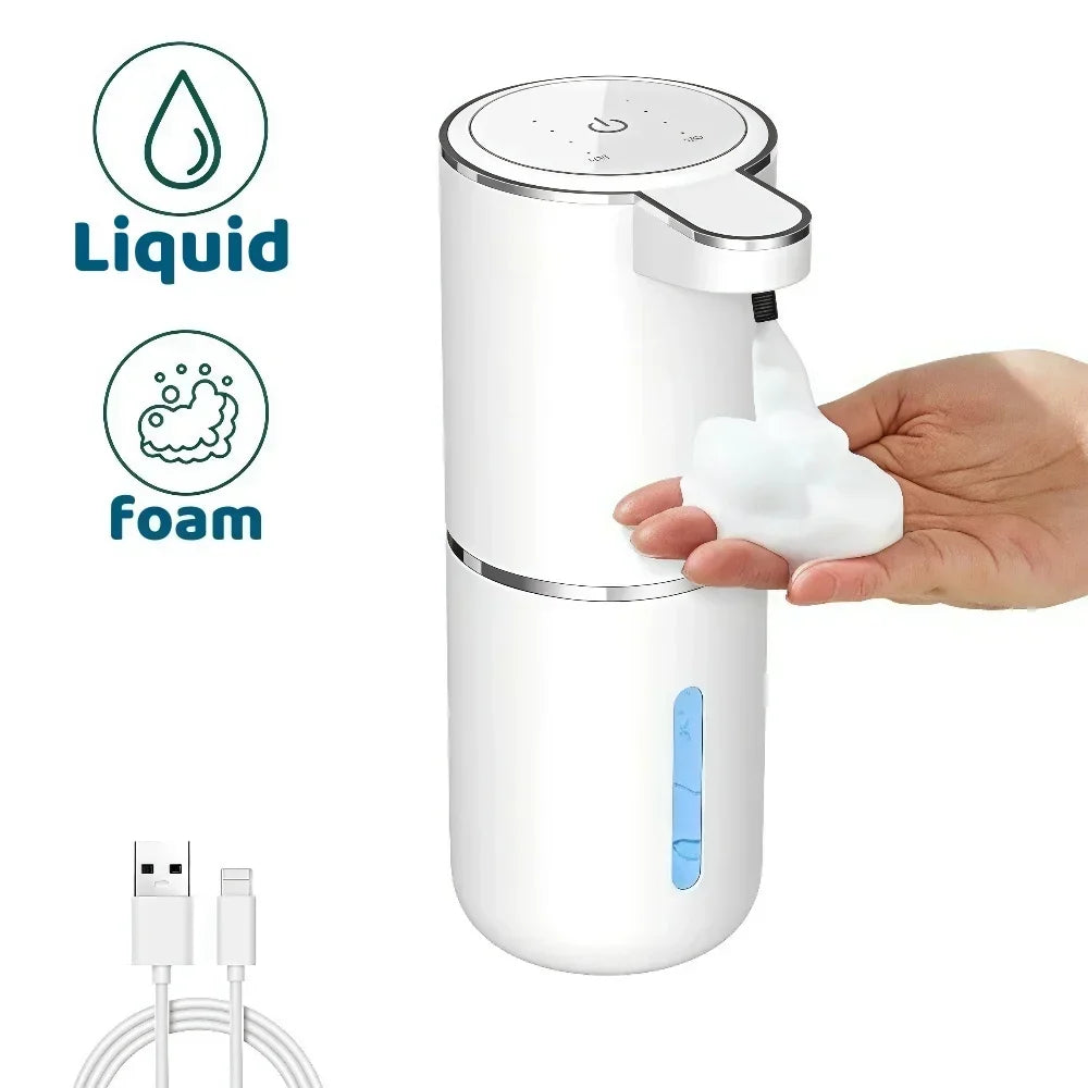 white touchless automatic soap dispenser for liquid and foam soap with USB cable and hand receiving foam