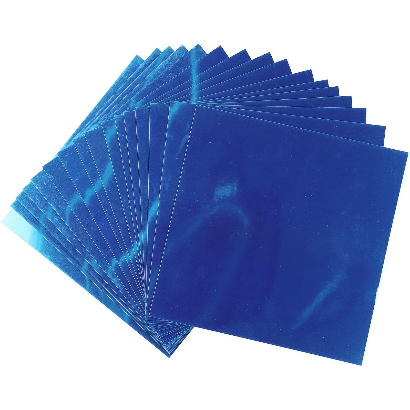 Fan arrangement of 16 acrylic mirror tiles with blue protective film