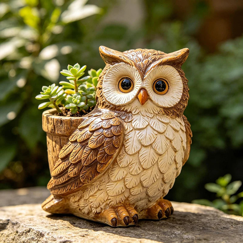 Owl figurine planter with plant, suitable for outdoor or indoor decor