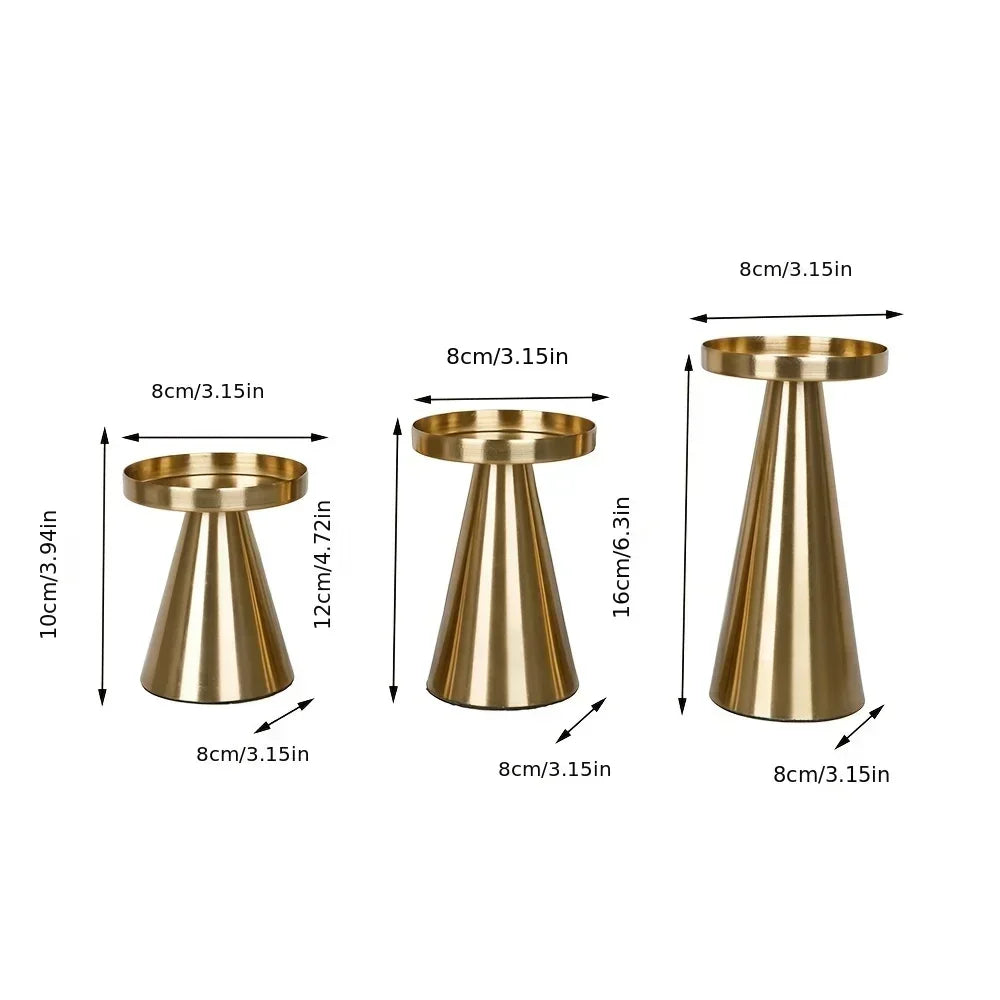 Arden Cone-Shaped Gold Metal Candle Holders – Set of 3 Pillar Stands for Living Room & Tabletop Decor
