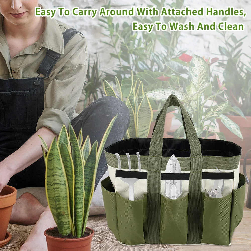 Dark green garden tool tote bag with multiple pockets and tools displayed, carried by a person potting plants, text overlay notes easy carrying and cleaning