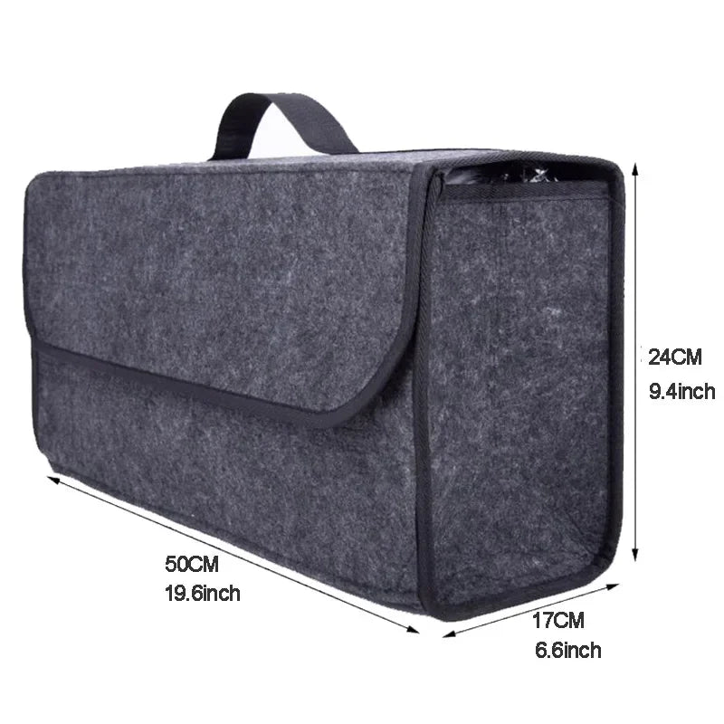 Gray car trunk storage organizer showing dimensions: 50cm width, 24cm height, 17cm depth
