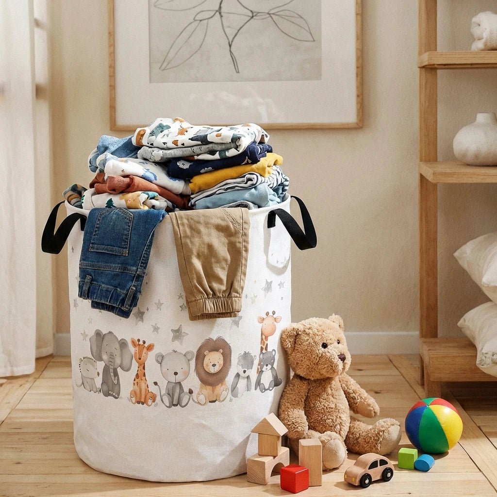 Large animal print canvas toy and laundry basket holding assorted children's clothes and surrounded by toys
