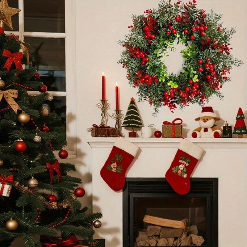 Evergreen & Red Berry Christmas Wreath for Front Door or Wall, 40cm