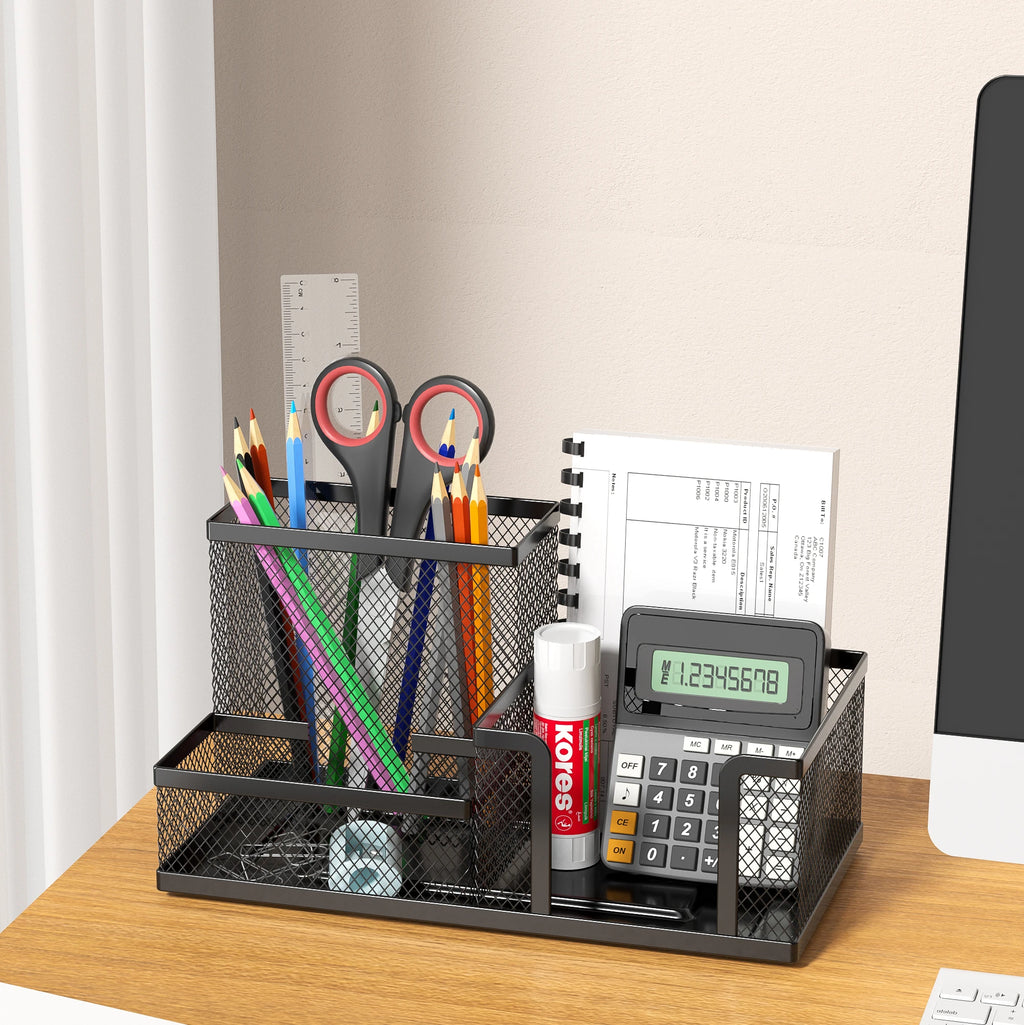 Mesh Desk Organizer with Pencil Holder, 3 Compartments, Black