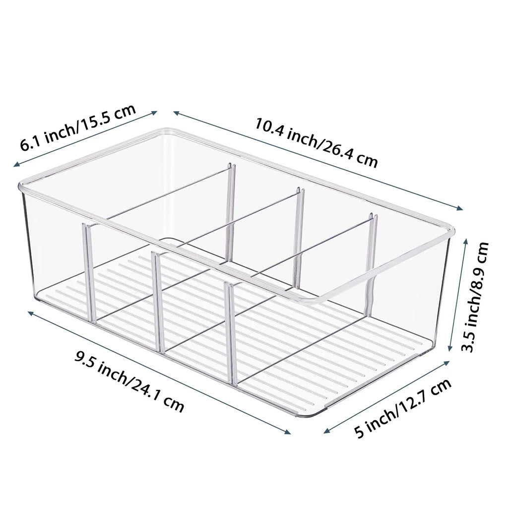Clear 4-Compartment Pantry Organizer Bin with Removable Dividers for Kitchen, Fridge, or Cabinet
