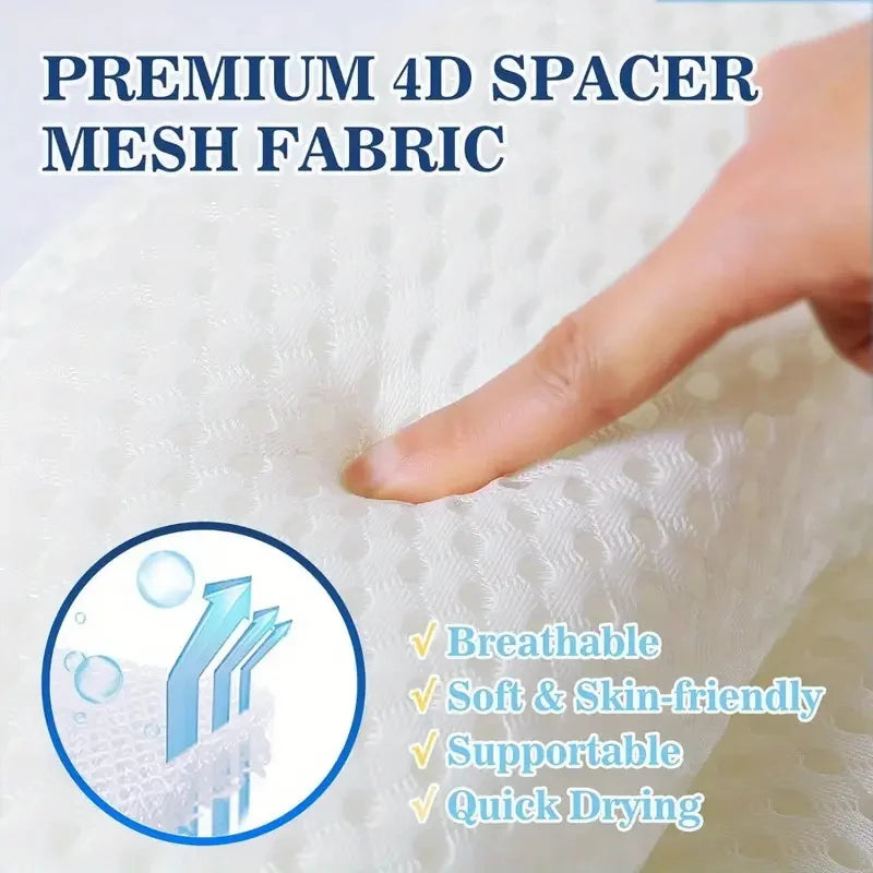 Close-up of finger pressing into breathable 4D mesh fabric of bath pillow