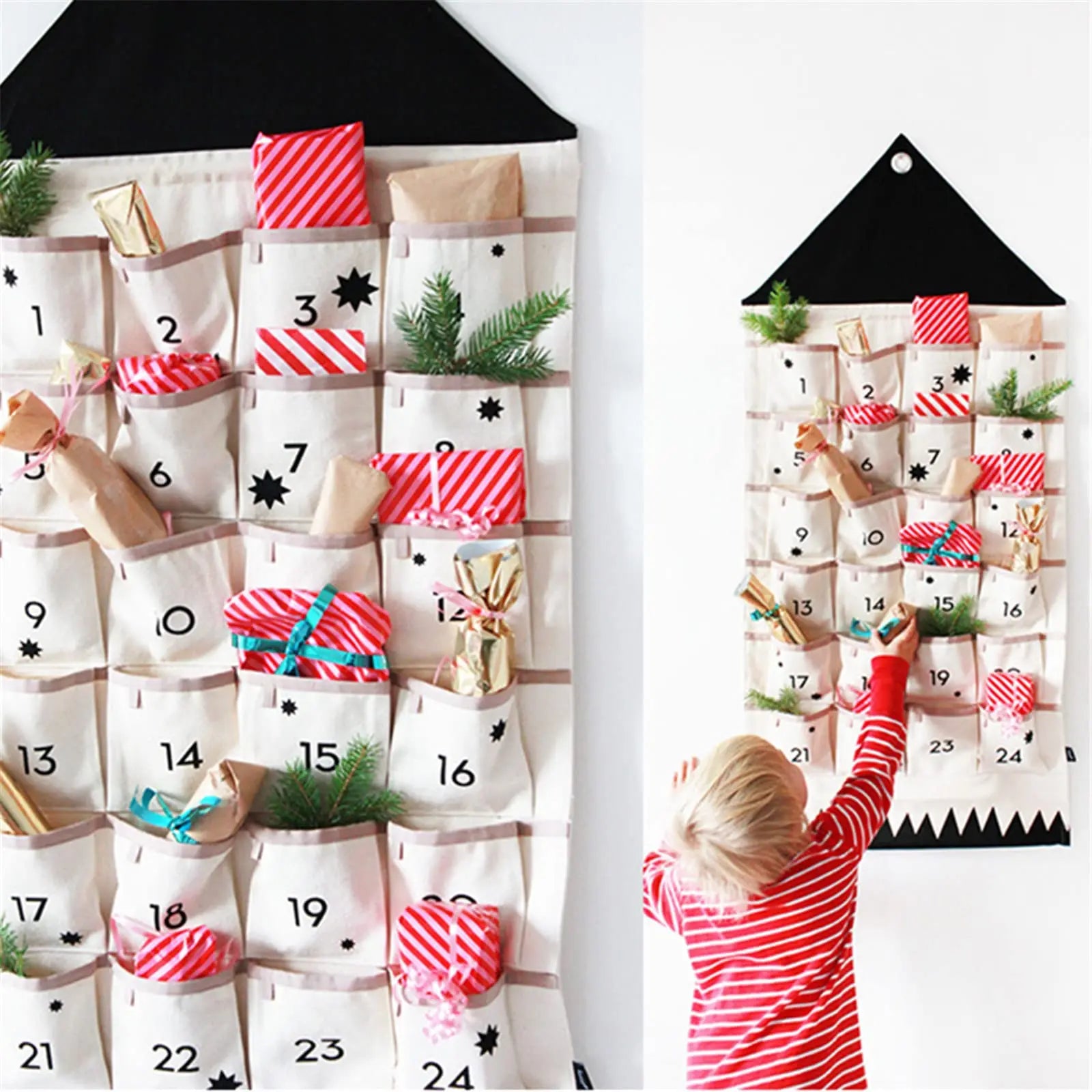 child reaching into a wall hanging cloth advent calendar with 24 numbered pockets, filled with small wrapped gifts
