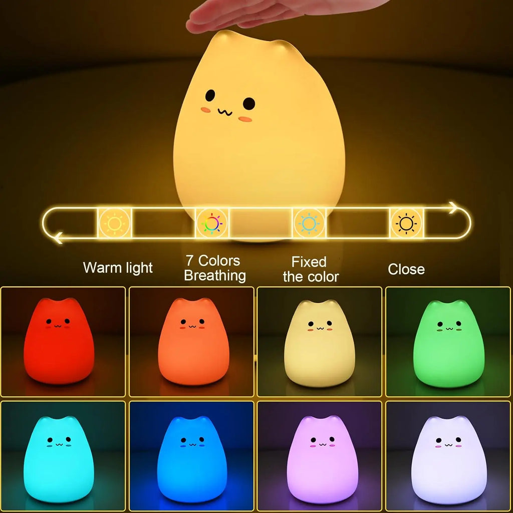 Cat night light showing tap control options and all 7 color modes in a grid