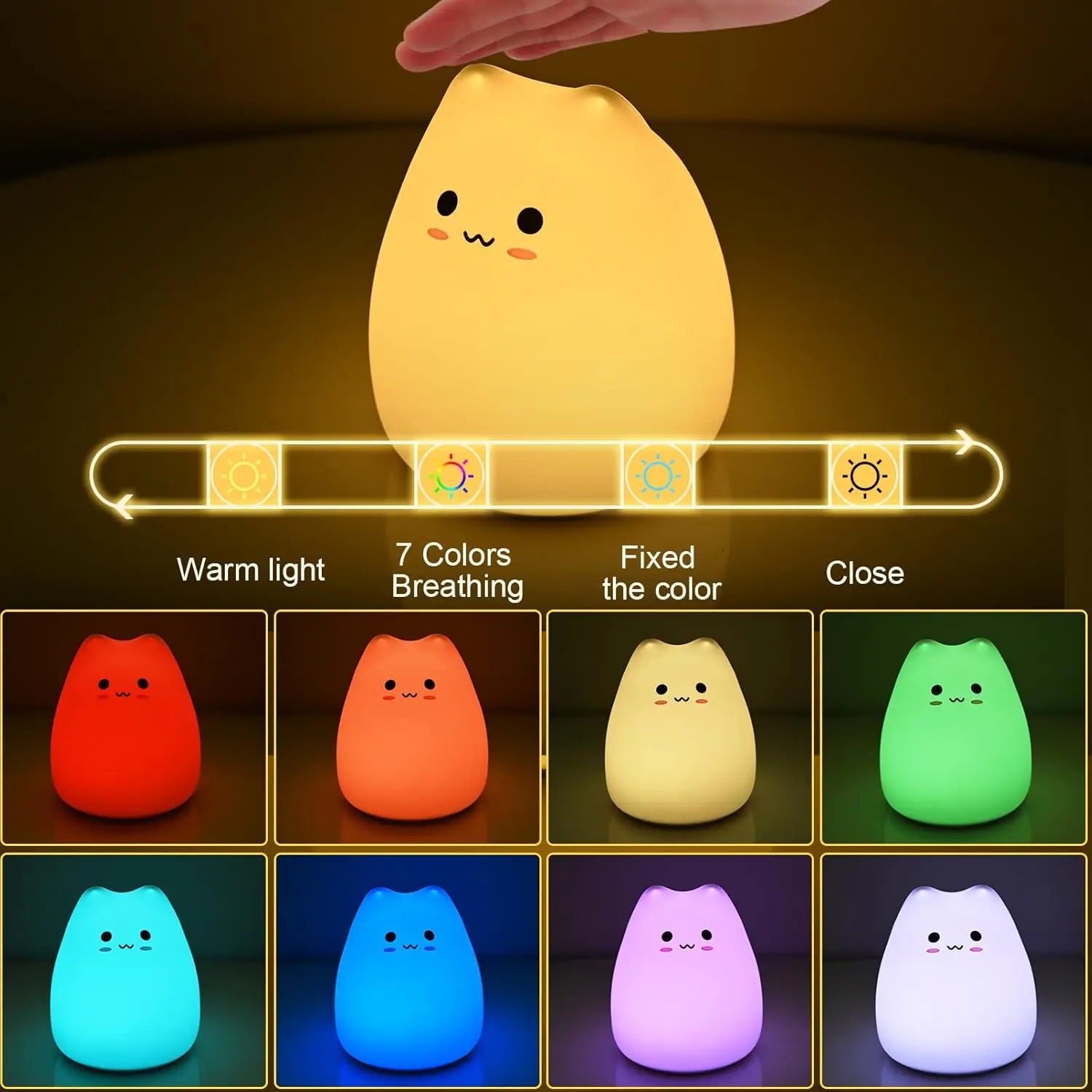 Cat night light showing tap control options and all 7 color modes in a grid