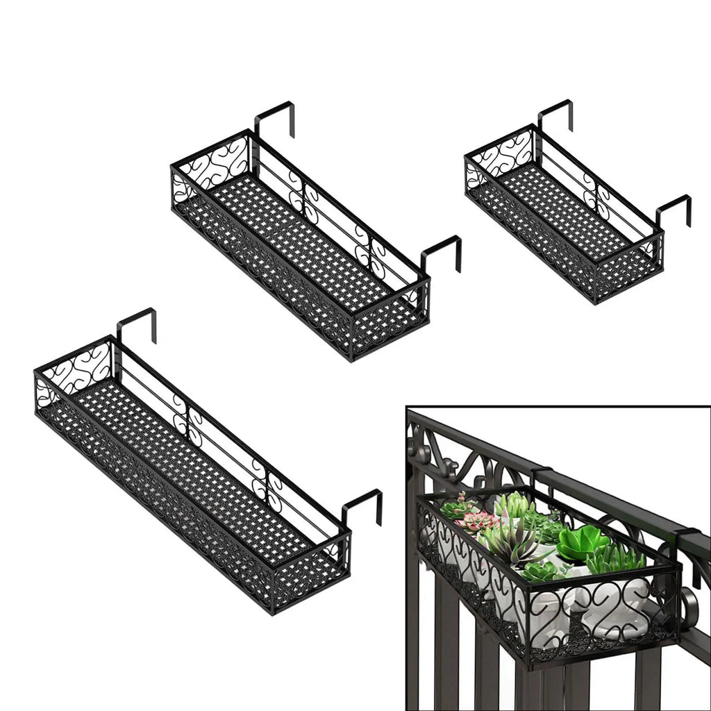 iron railing planter shelves in three sizes with a close-up of shelf holding potted succulents
