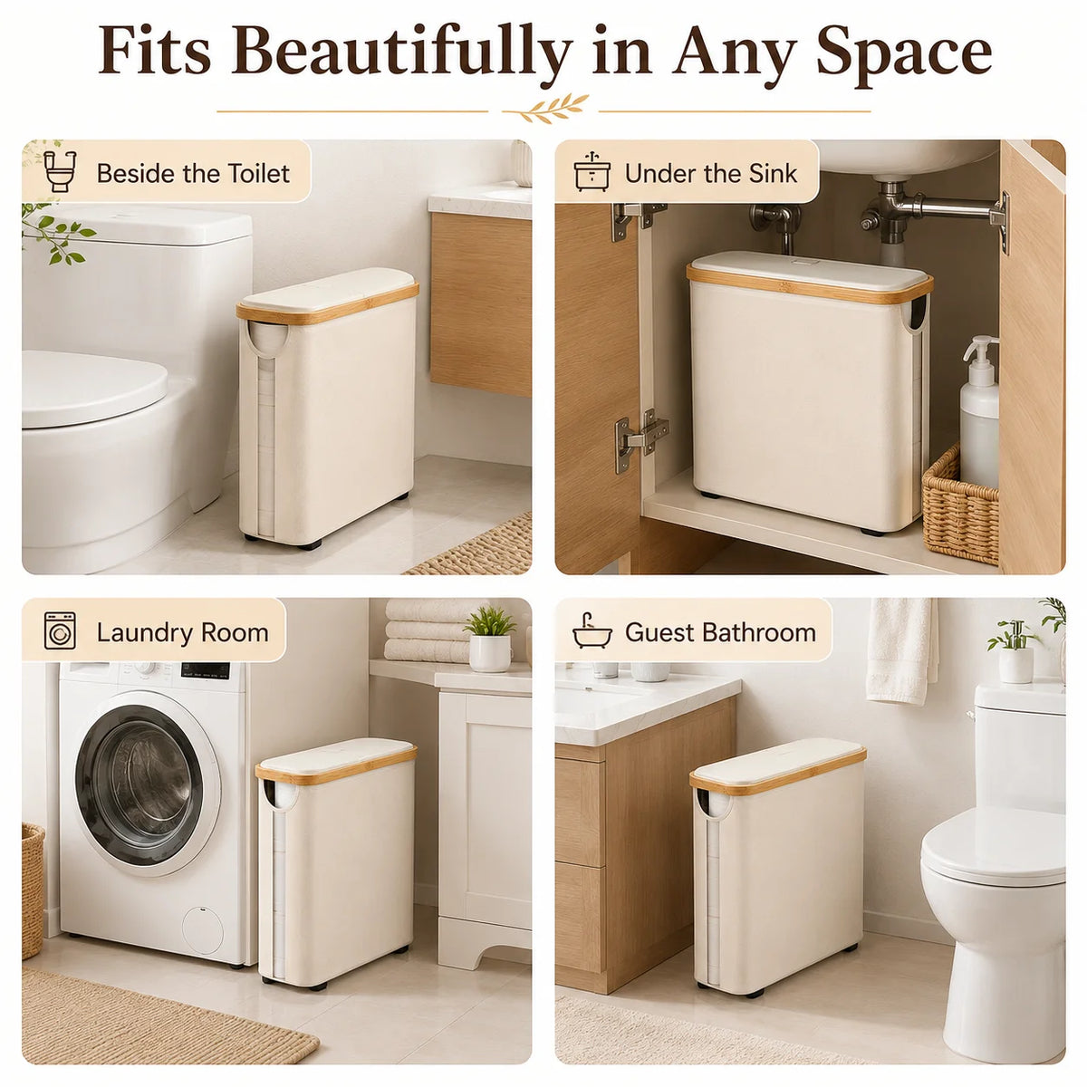 narrow bathroom storage bin placed beside the toilet, under the sink, in a laundry room, and in a guest bathroom