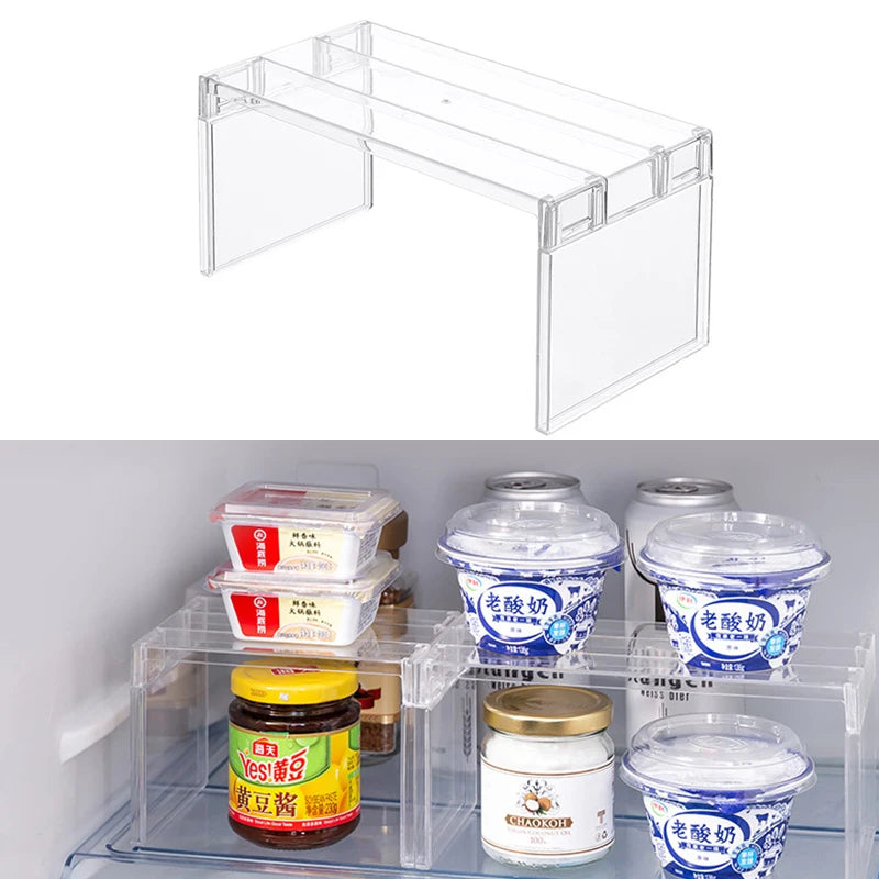 Clear stackable plastic shelf organizer for fridge or countertop storage