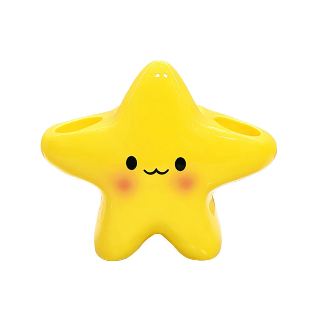 Sunny Star Freestanding Toothbrush Holder with Smiling Face for Bathroom Counter Organization – Yellow Plastic