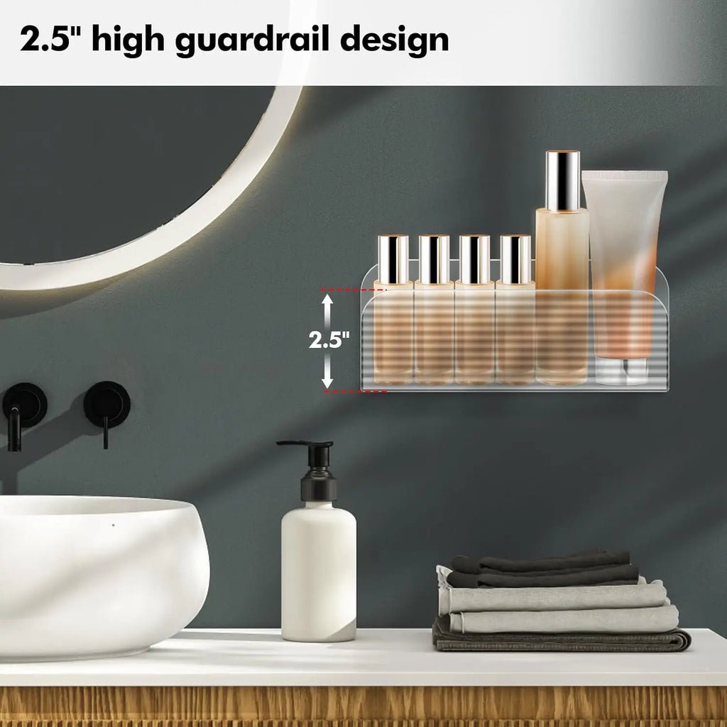 Clear wall organizer mounted above a vanity, showing 2.5-inch front guardrail with toiletries inside