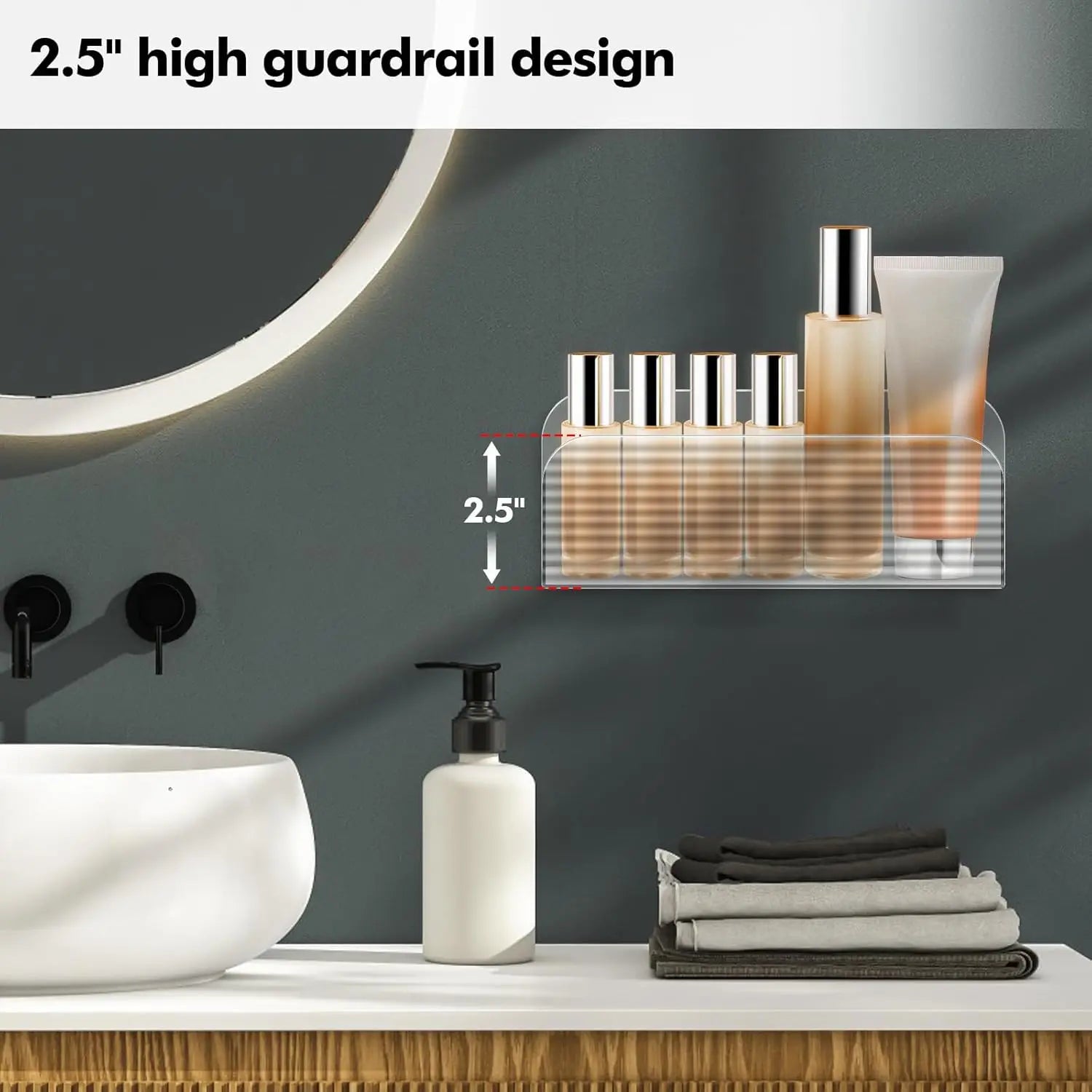 Clear wall organizer mounted above a vanity, showing 2.5-inch front guardrail with toiletries inside