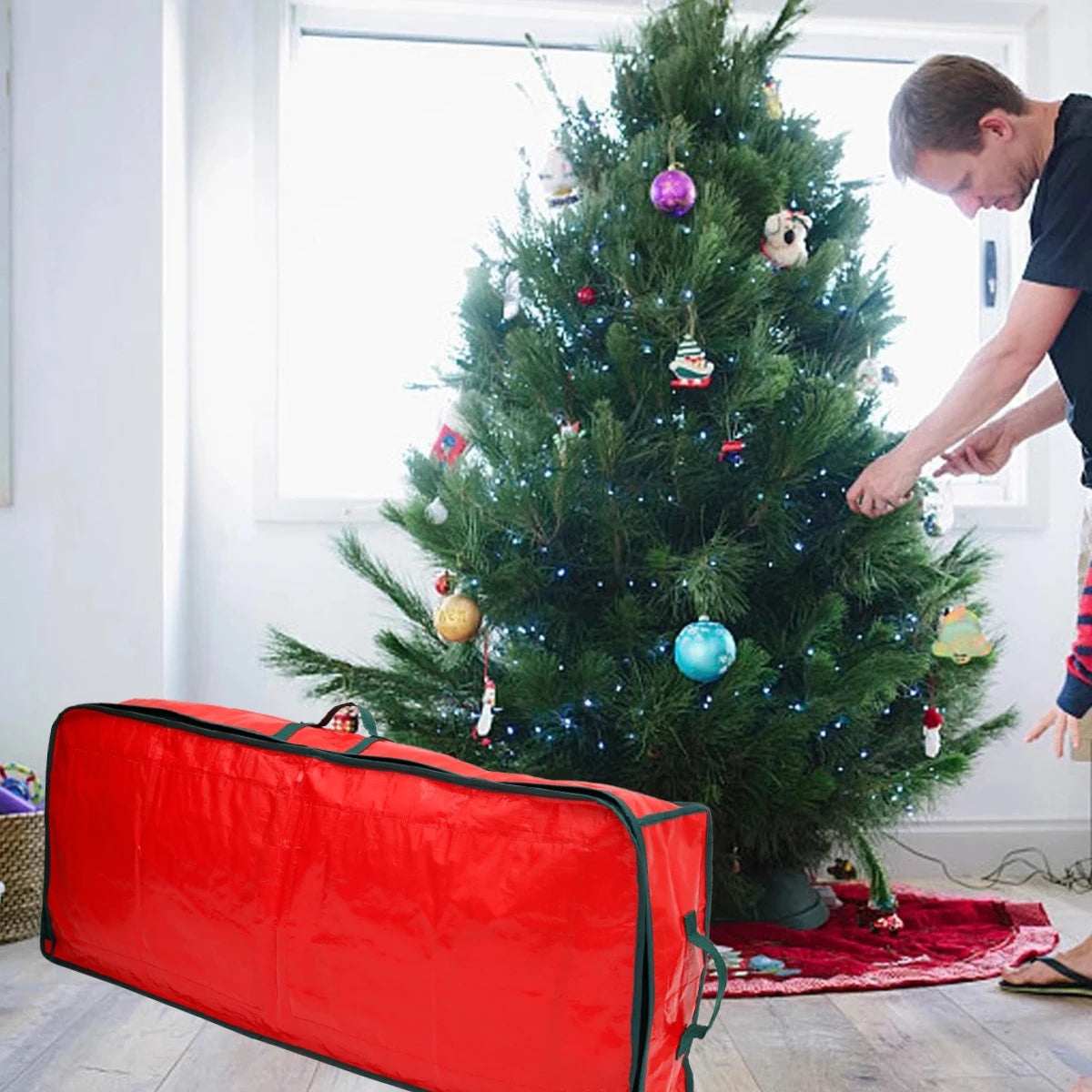 Extra-Large Red Wrapping Paper Storage Organizer Bag with Handles & Pockets for Under-Bed Holiday Gift Wrap and Ribbons, 40.5-Inch