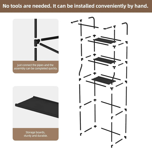 Exploded assembly diagram showing tool-free setup for a bathroom over-toilet shelf