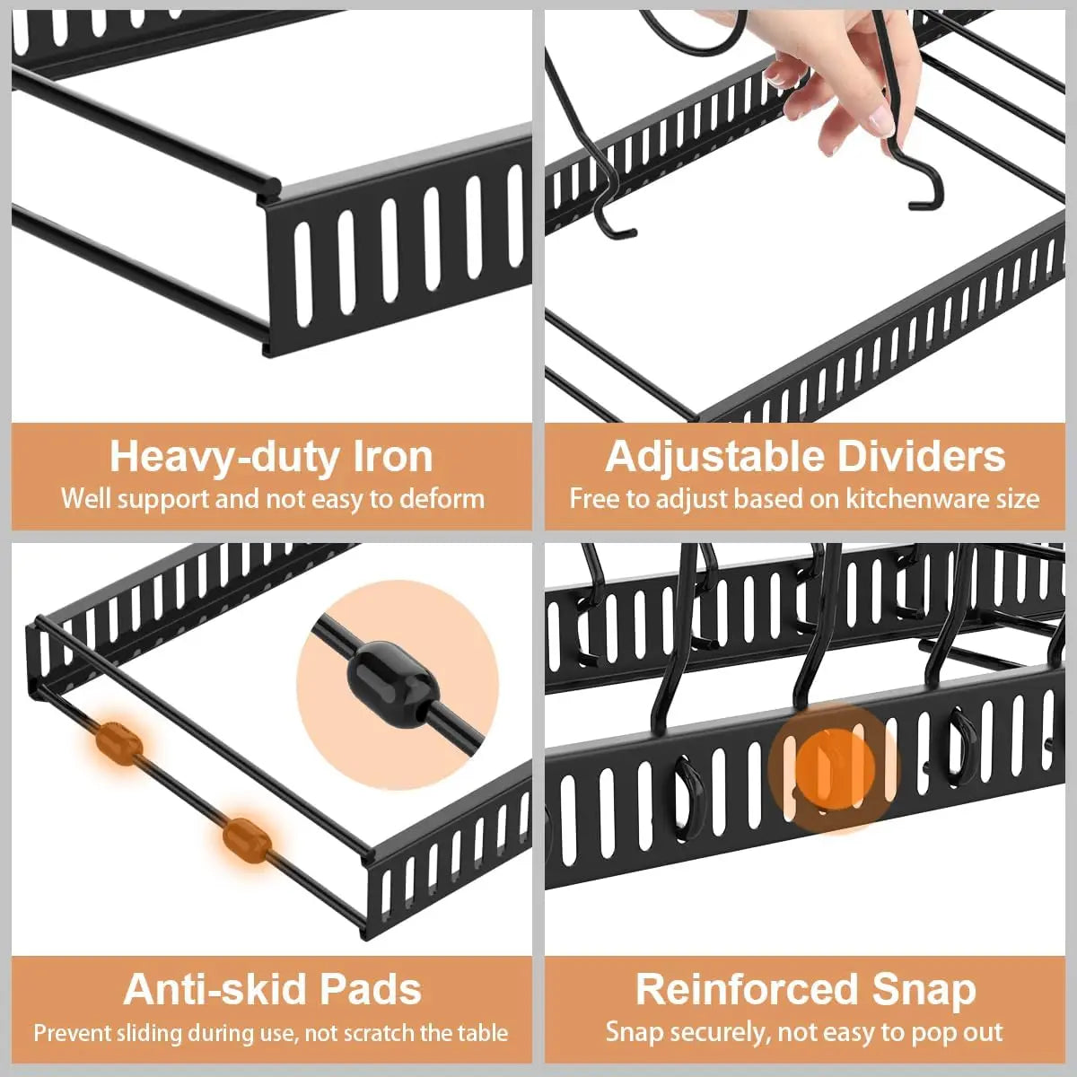 Close-up of organizer features including heavy-duty iron frame, adjustable dividers, anti-skid pads, and reinforced snap-in slots