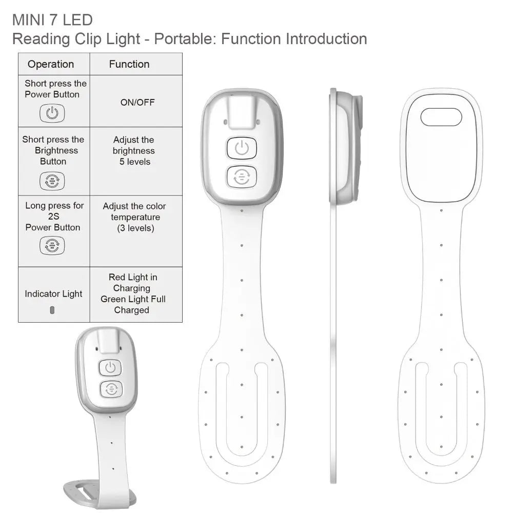 clip-on book light function chart with adjustable buttons and side view