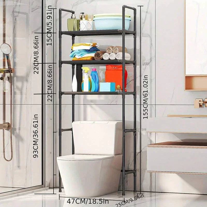 Black bathroom over-toilet rack with shelf and product measurements labeled