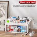 Two-layer medicine storage box with one drawer, dimensions labeled and boxes of medicine inside