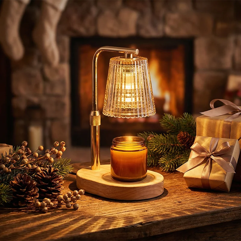 Candle warmer lamp with amber glass shade and wood base glowing on a mantel with holiday decor in a cozy living room