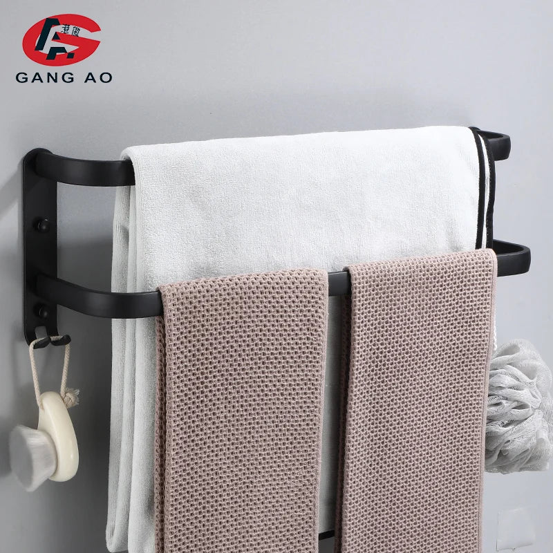 Matte Black Aluminum Wall-Mounted Towel Rack with Hooks for Bathroom Organization, 50cm, Single/Double/Triple Bar