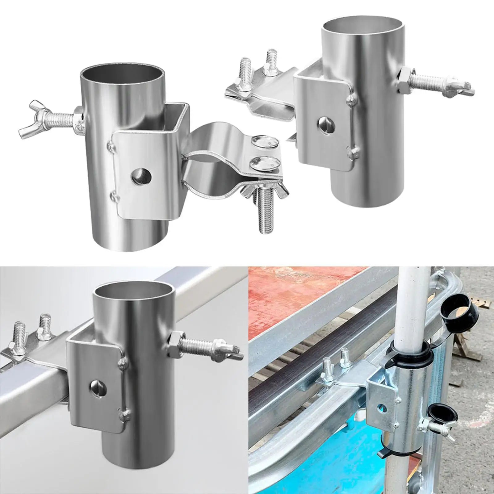Metal clamp-on umbrella holder attached to an outdoor railing and wagon table