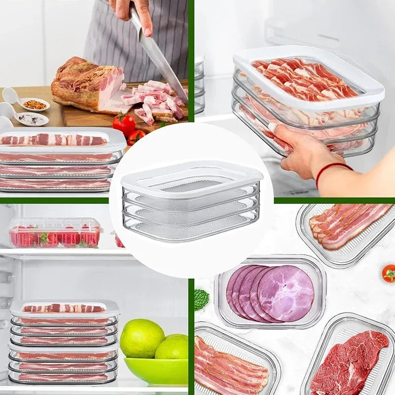 Collage showing fridge organizer in use with bacon, ham, and easy stacking for refrigerator storage