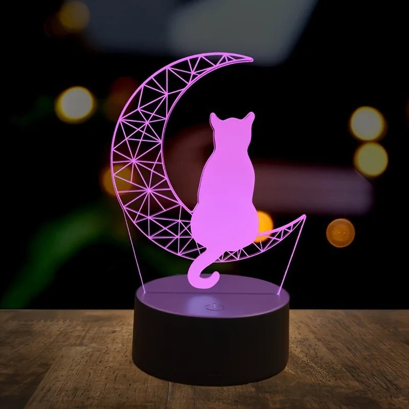 3D LED cat night light glowing in purple on a black base