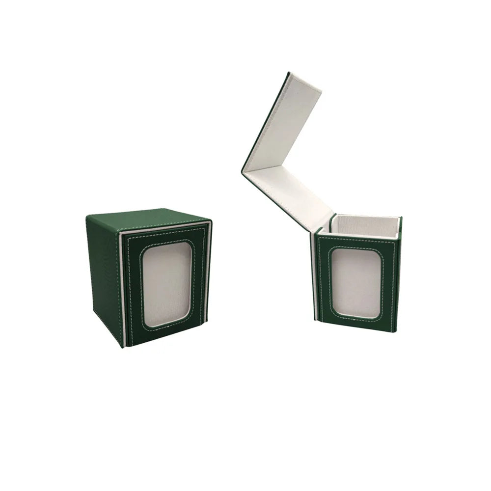 Green PU card deck organizer shown closed and open with white interior