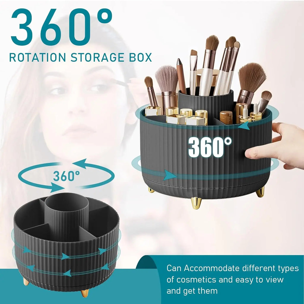 Black rotating makeup brush storage box shown with 360° arrows and compartments, makeup brushes and lipsticks inside