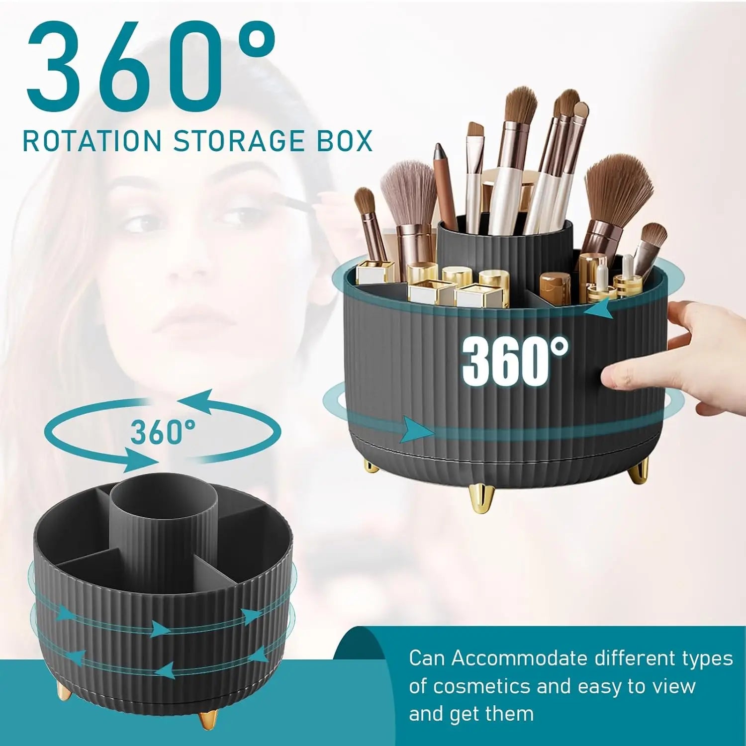 Black rotating makeup brush storage box shown with 360° arrows and compartments, makeup brushes and lipsticks inside