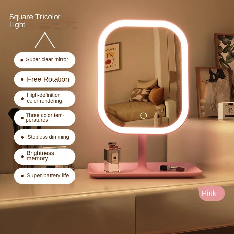 Tri-Color LED Desktop Makeup Mirror with Touch Light for Vanity or Bedroom