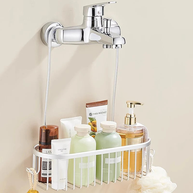 Faucet-mounted shower basket organizer in use with bath products