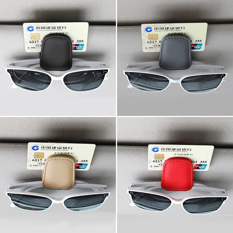 Car visor glasses holders in four colors—gray, black, beige, and red—shown in use with sunglasses and a small card