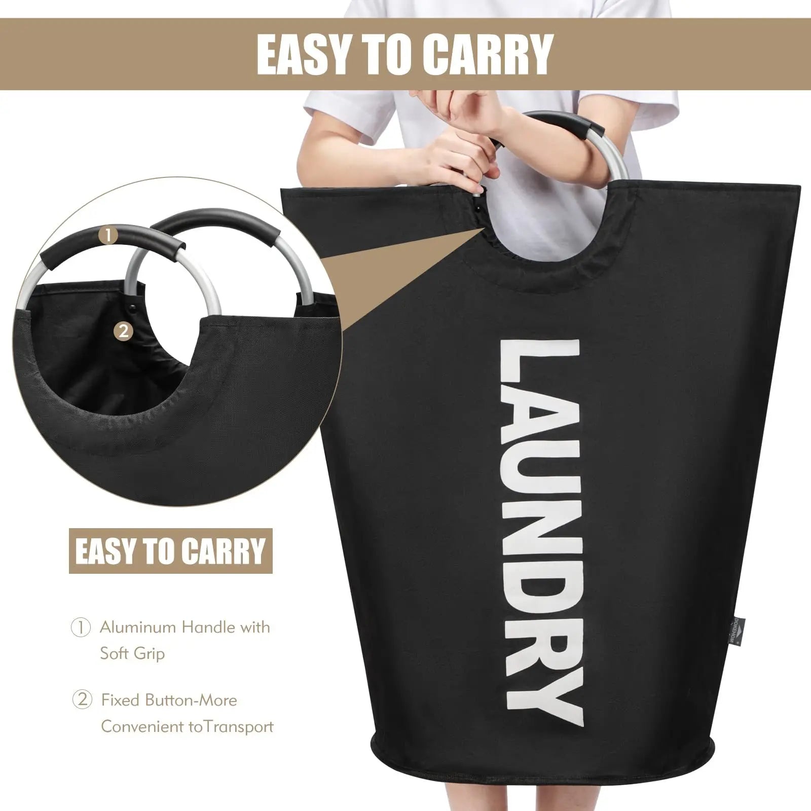 Close-up of soft-grip handle on black laundry hamper with person demonstrating use