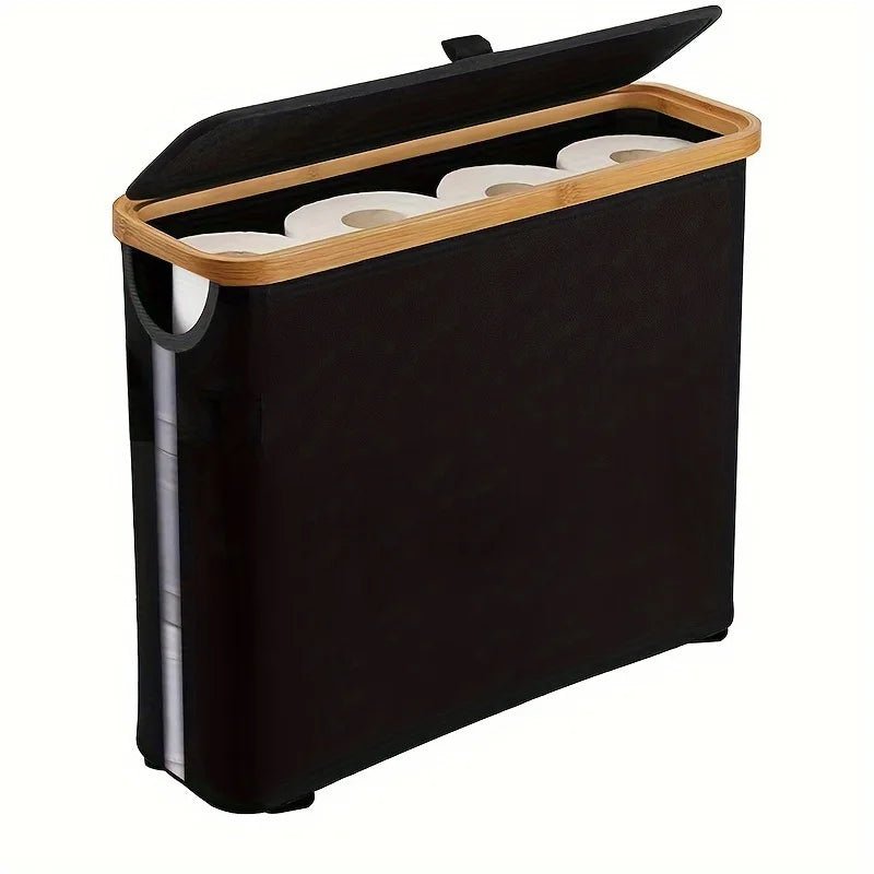 Slim Foldable Bathroom Storage Bin with Lid, Bamboo Frame & Fabric Sides – Holds 12 Toilet Paper Rolls or Laundry in Black, Light Grey