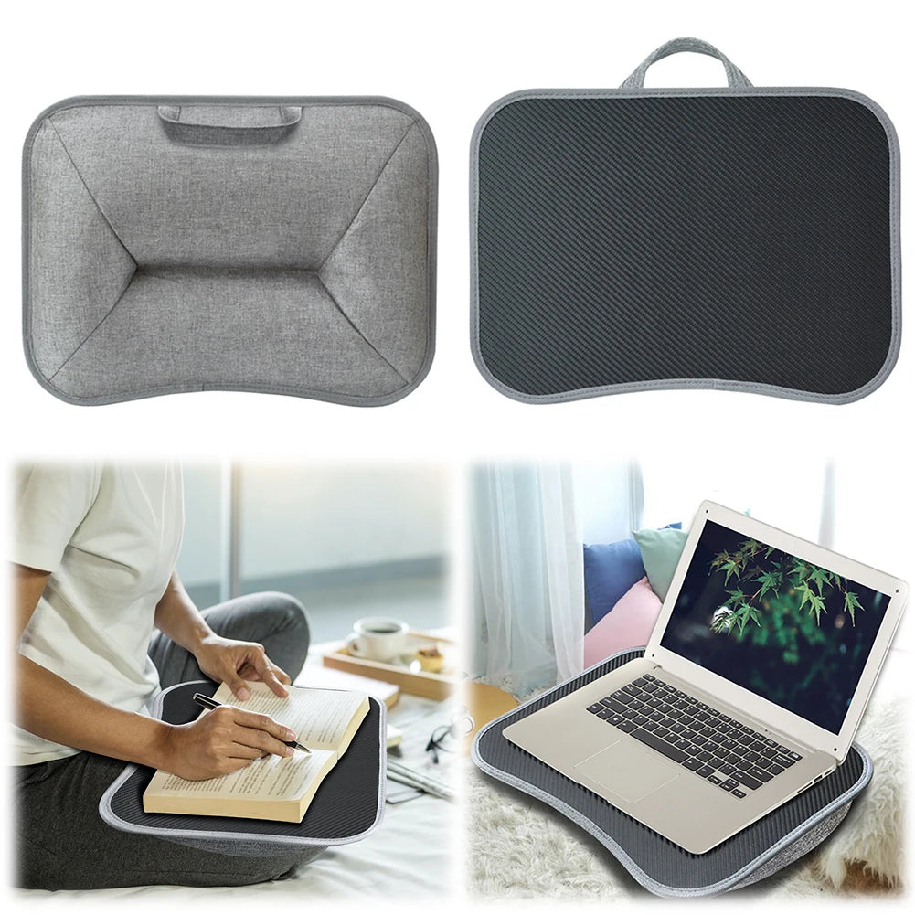 Top and bottom views of cushioned lap desk plus examples in use for reading and laptop work